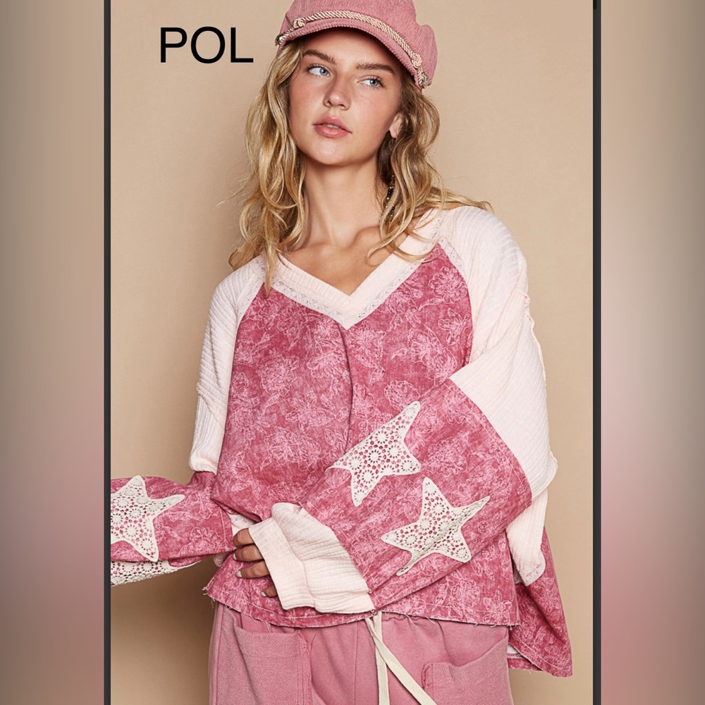 BP30💕NEW! POL playful pink+cream v-neck w/star details perfect 4 office2 out!💕 - Picture 7 of 7